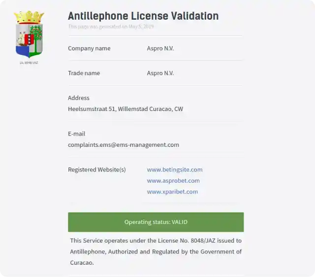 xparibet betting license certificate curacao